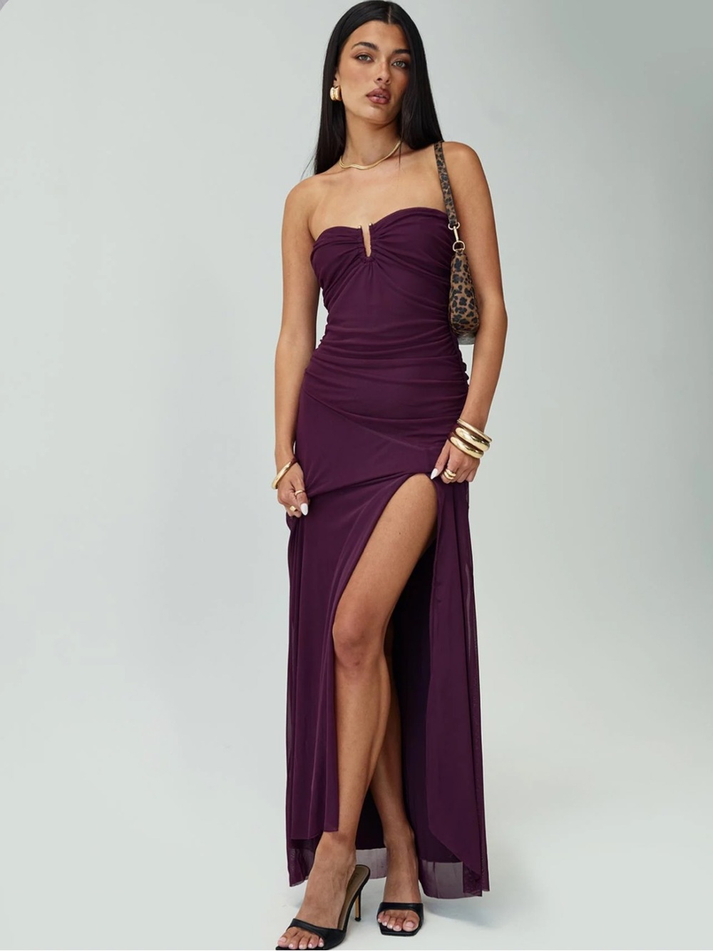 Strapless High-Slit Maxi Skirt Dress in Plum